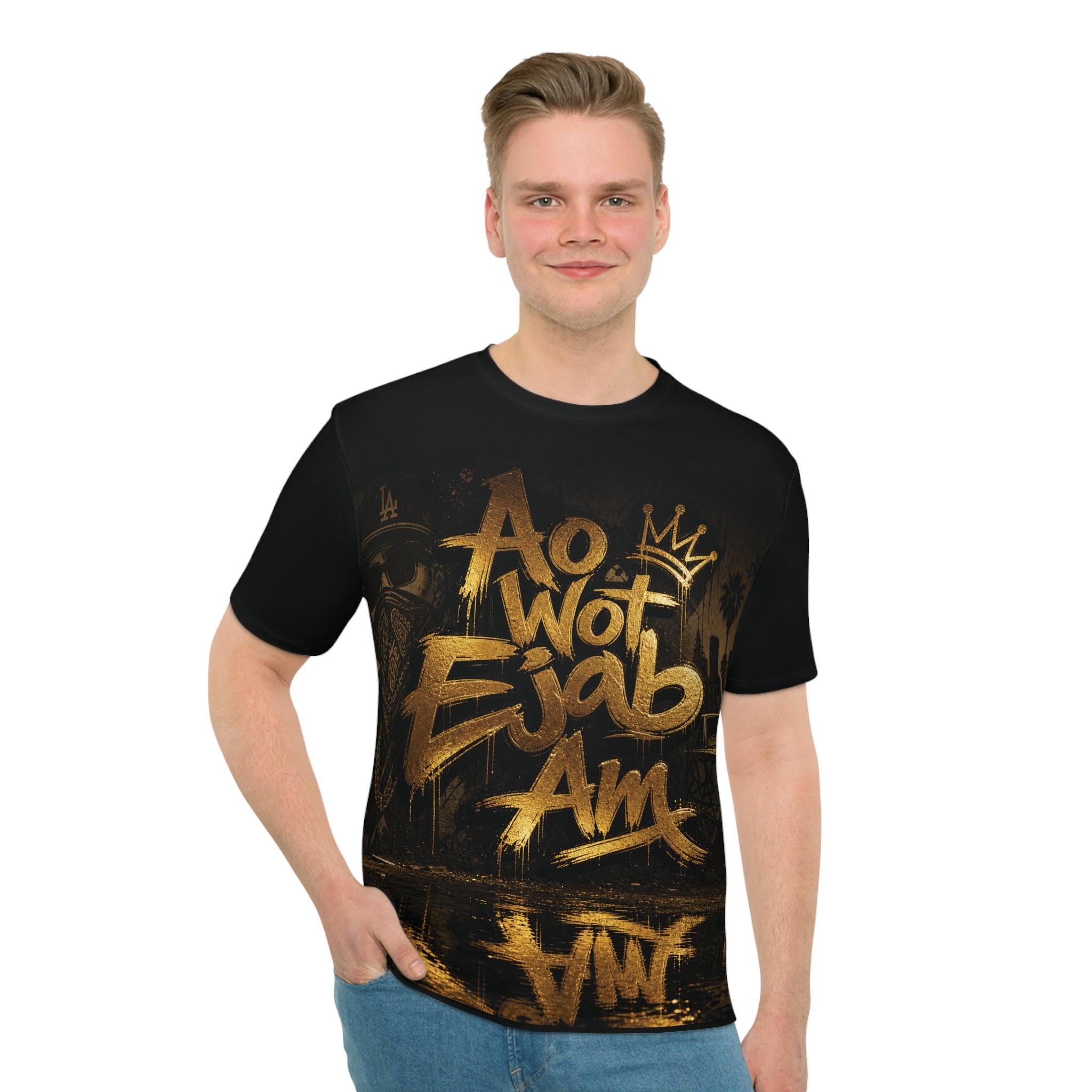 Graffiti Gold LA Skyline Tee — Urban Streetwear Men's Loose T-Shirt