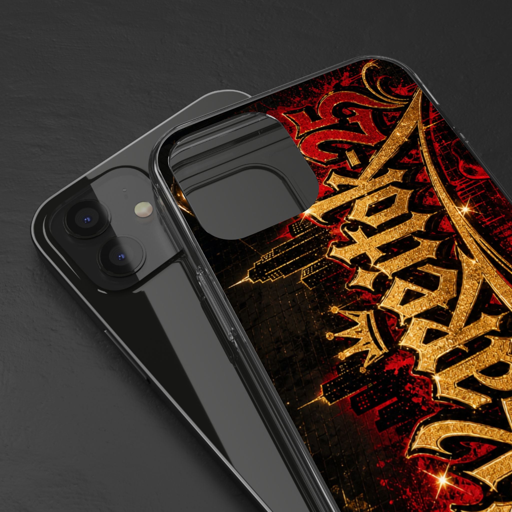 Clear Phone Case — Dark Red Gold 'Kareoke' Gothic Skyline Design