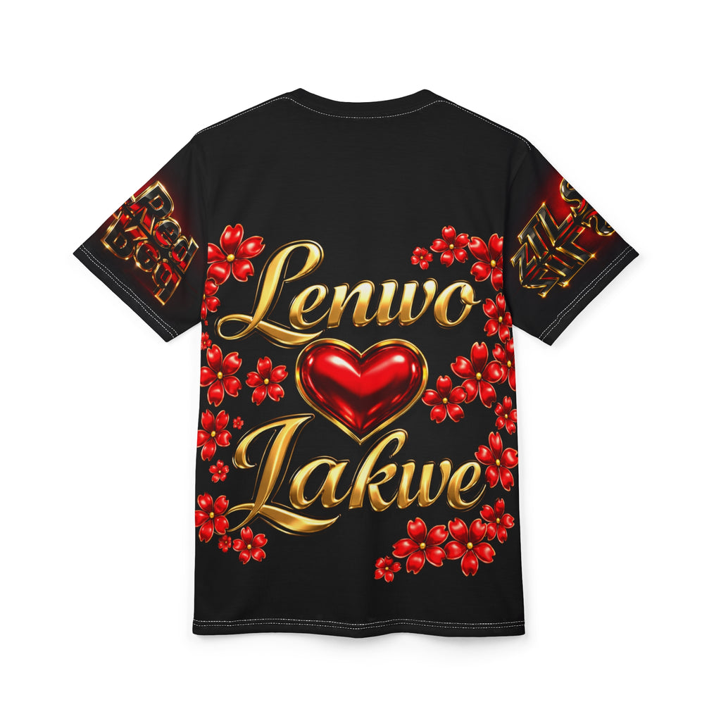 Black Graphic Cut & Sew Tee — Bold Metallic Sleeve Text