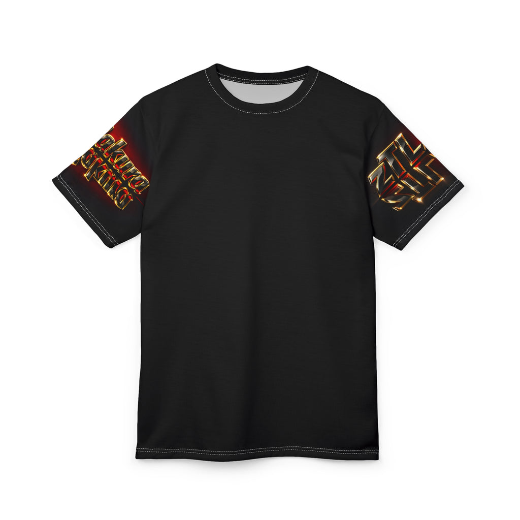 Black Graphic Cut & Sew Tee — Bold Metallic Sleeve Text