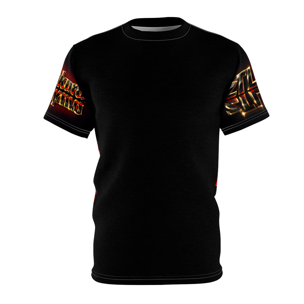 Black Graphic Cut & Sew Tee — Bold Metallic Sleeve Text